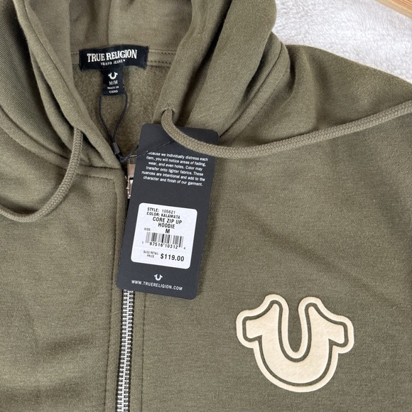 True Religion Core Zip Up Hoodie Men's Medium Kalamata Green Buddha New $119 - Picture 5 of 9